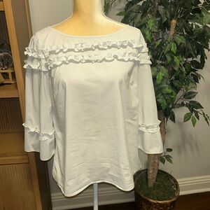 Talbots White Stretch Poplin Popover Top with Shirred Ruffles Sz M